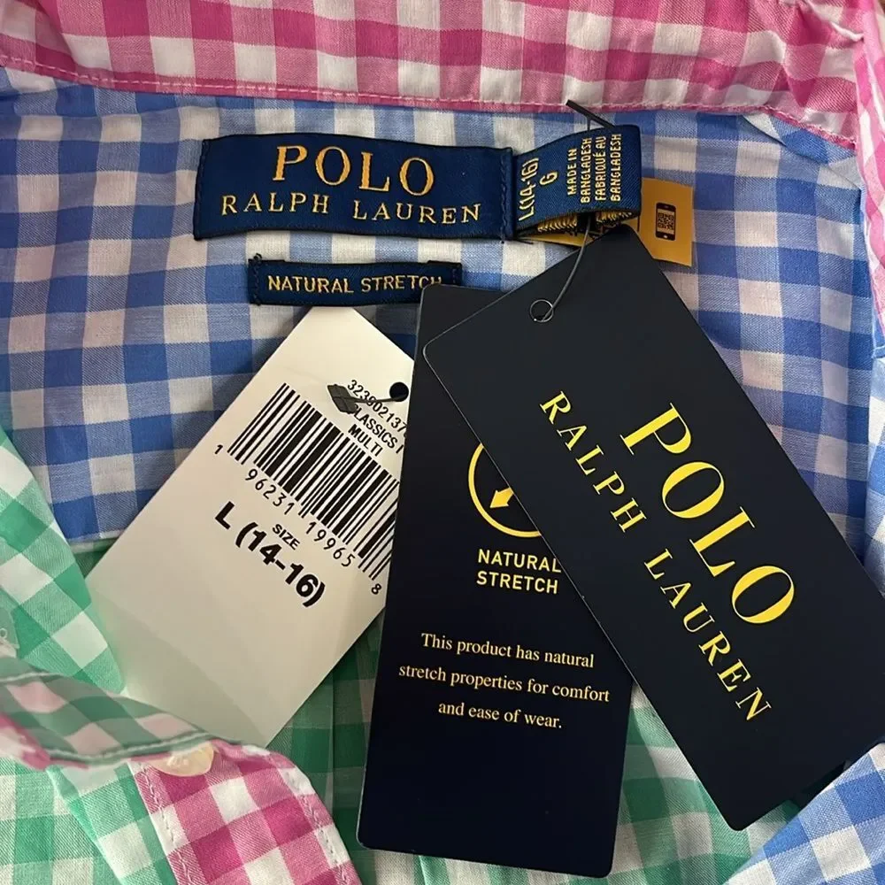 Polo Ralph Lauren Big Boys Short Sleeve Colorblock Check Shirt Poplin L